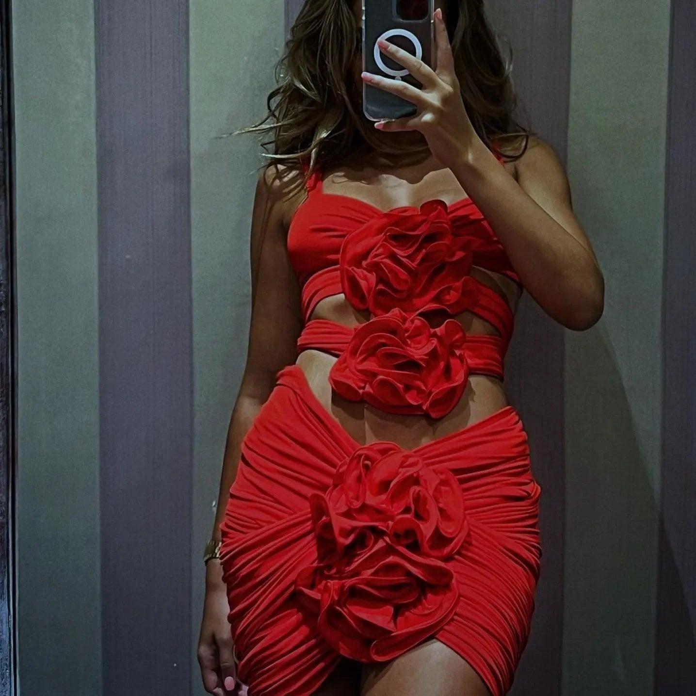 red ruched cut-out mini dress with floral details, evening look