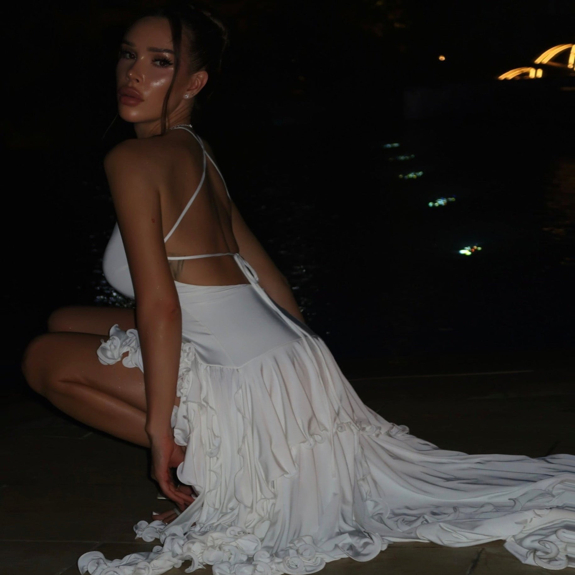 backless ruffled evening gown, white elegant look