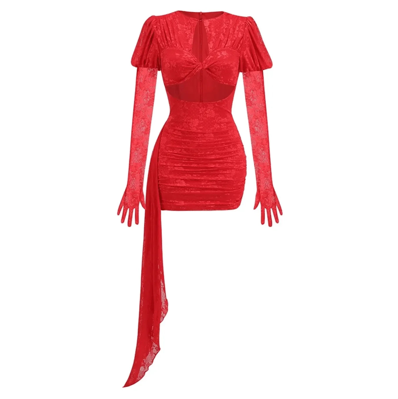 red lace long-sleeve bodycon mini dress with draped sash, evening wear