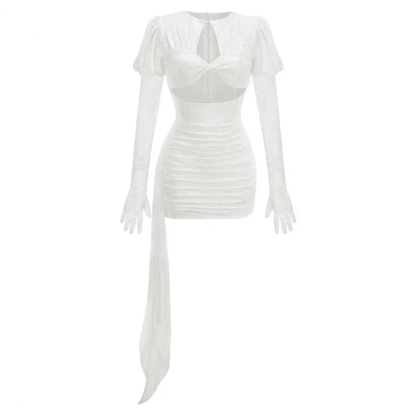 White mini dress with draped details and puff sleeves, styled with matching gloves for a chic, elegant look.
