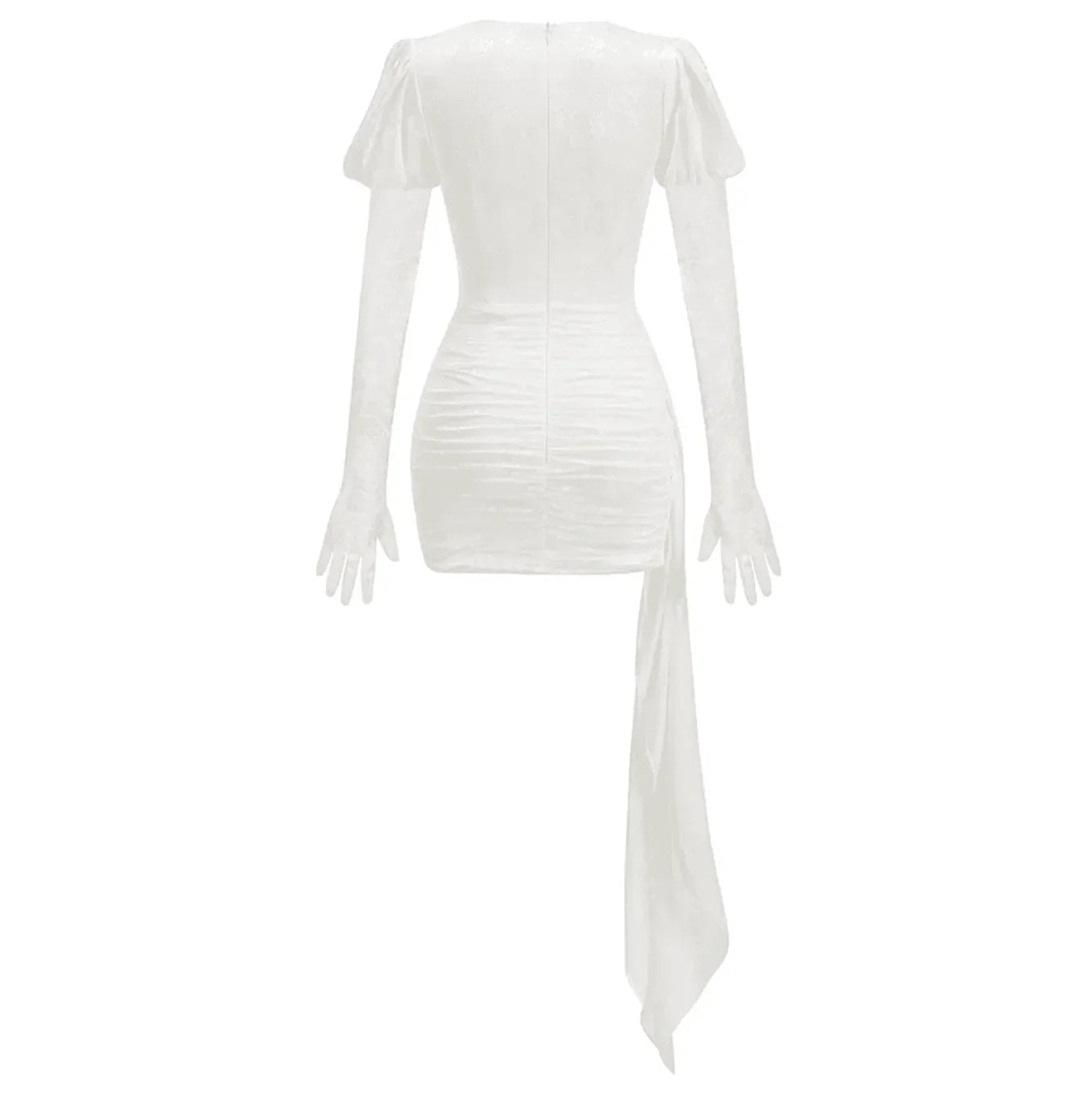 Draped white mini dress with puff sleeves and matching gloves, features a stunning back tie detail for an elegant look.