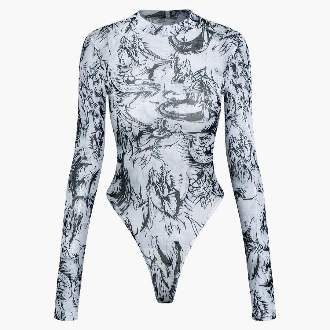 printed mesh long-sleeve bodysuit