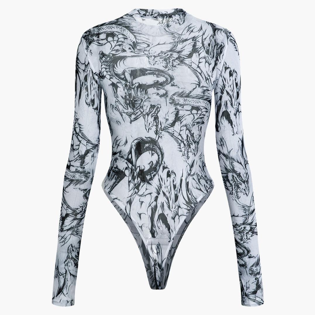 graphic print mesh long-sleeve bodysuit