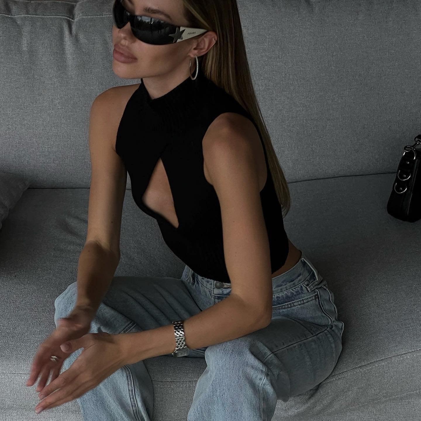 black cut-out sleeveless top, casual style