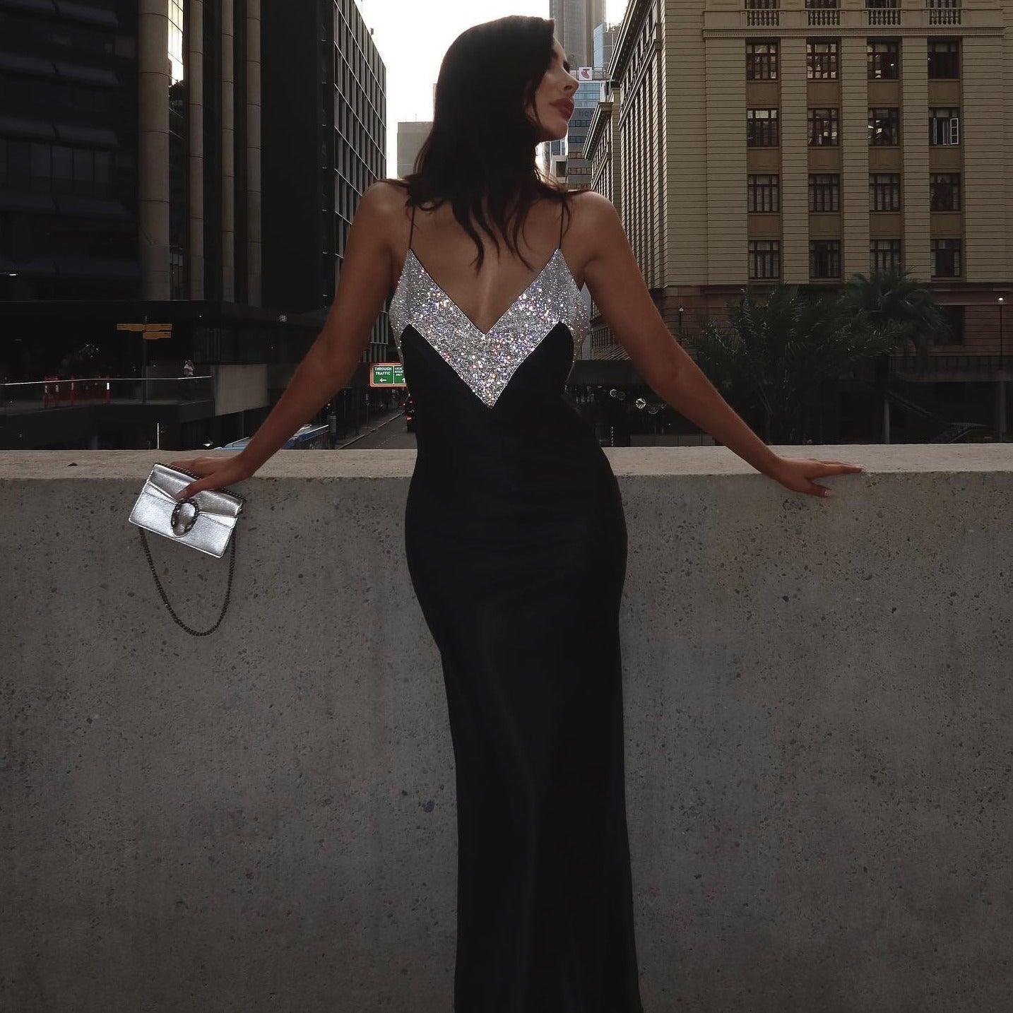 black gown with sequin bodice, evening look