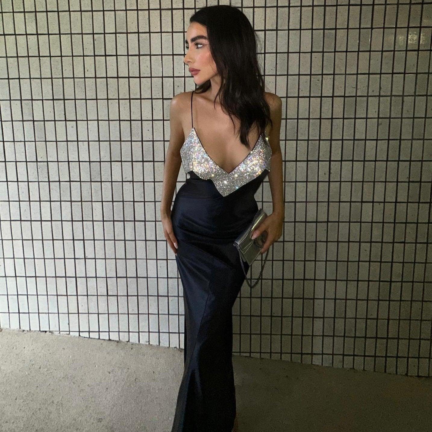 sequin top maxi dress with spaghetti straps, evening wear