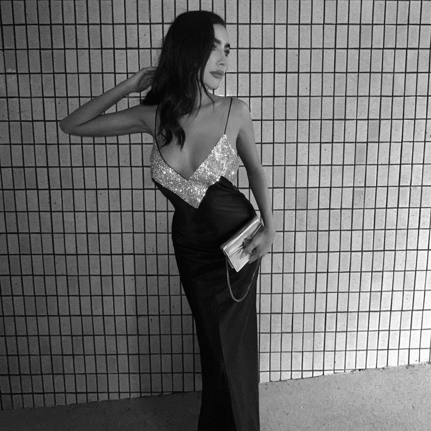 sequin top with thin straps and black maxi skirt, evening look