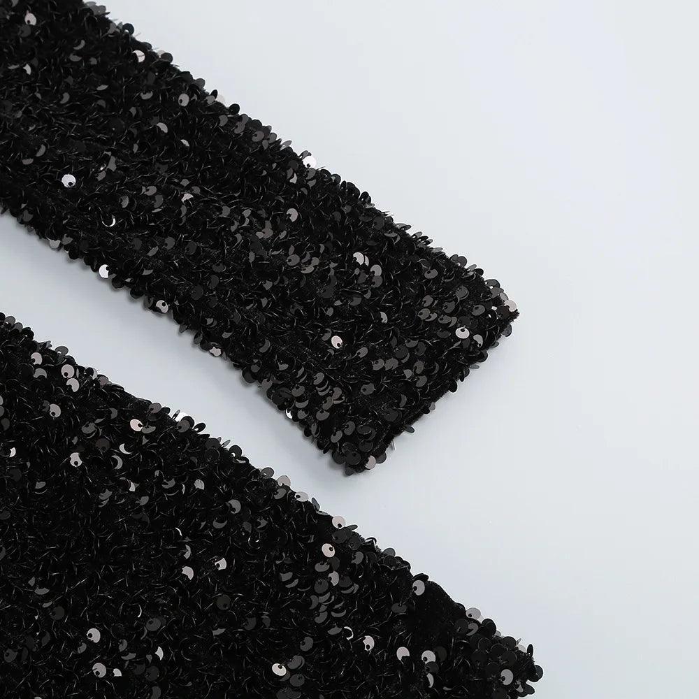 black sequin long-sleeve detail, party outfit