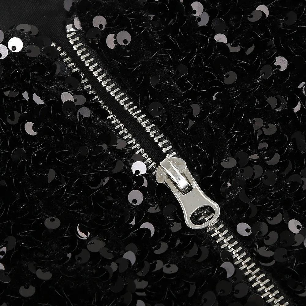 black sequin fabric with silver zipper