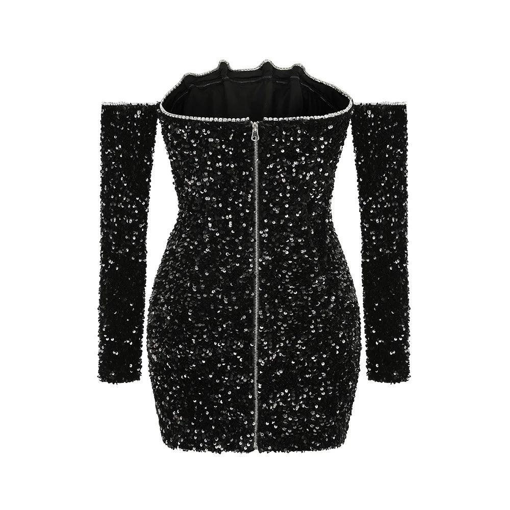 sequin off-shoulder mini dress with zipper, party outfit