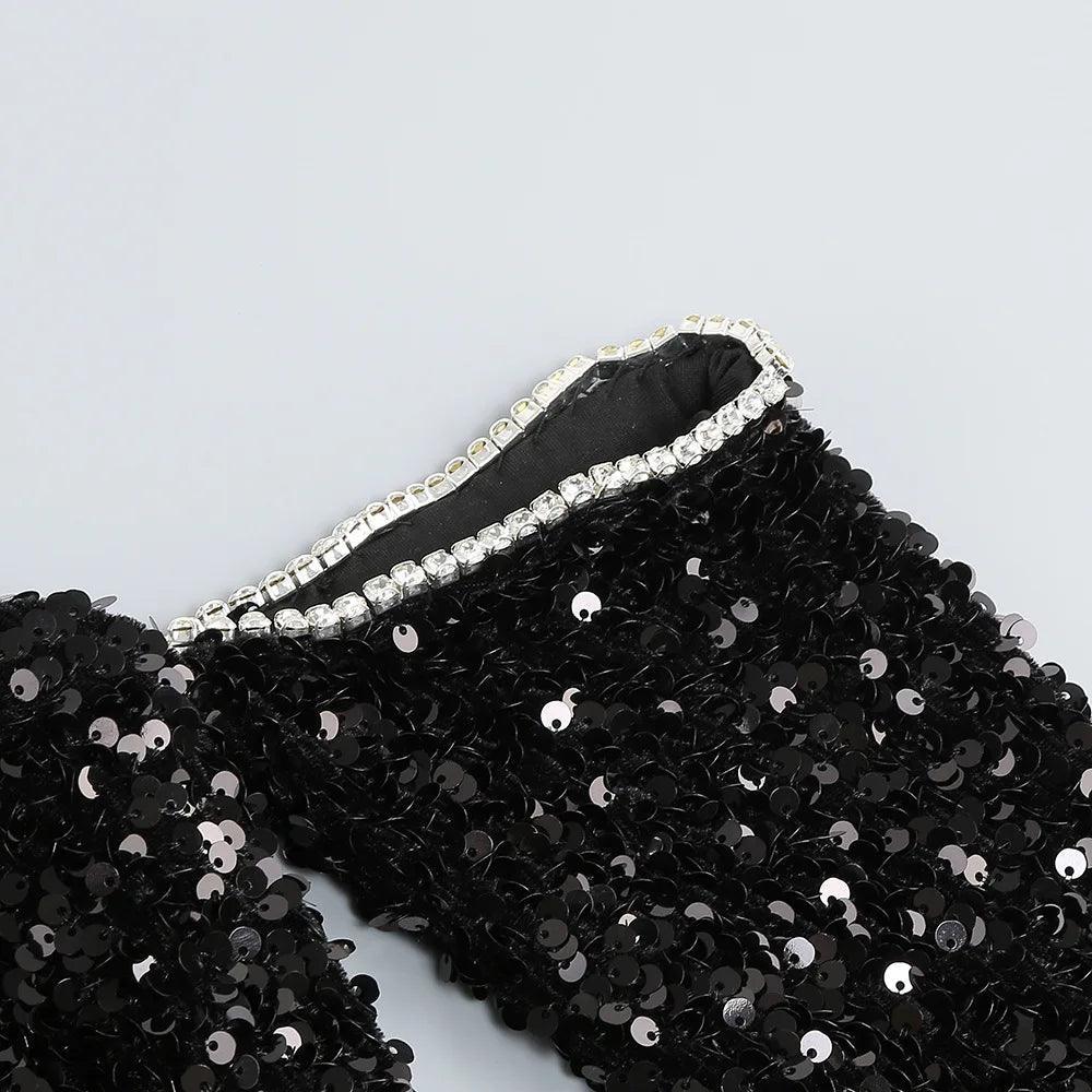 sequin off-shoulder dress with rhinestone trim, evening wear