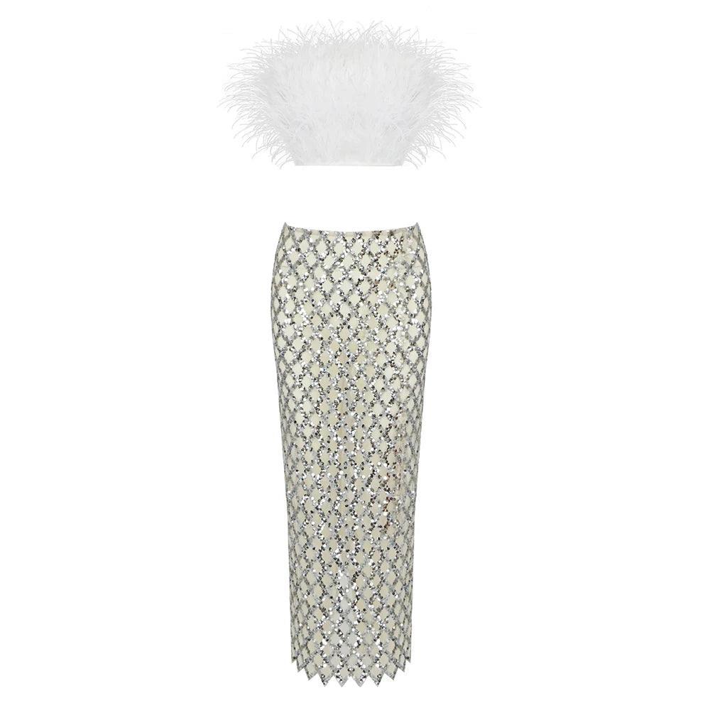 feather crop top with sequin maxi skirt, party outfit