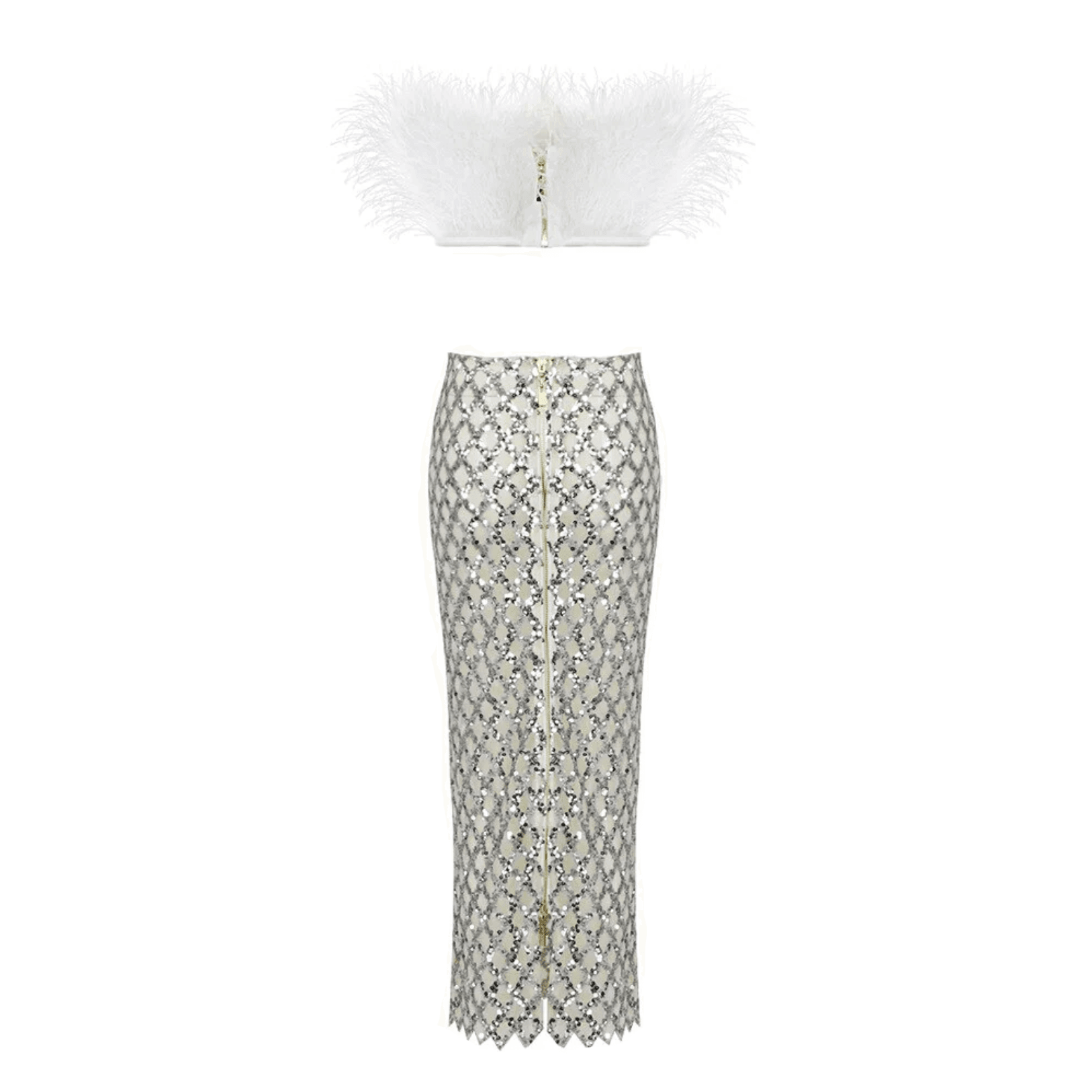 feathered bandeau top with sequin high-waist skirt, evening look