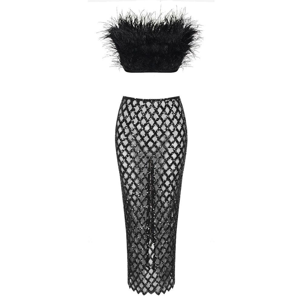 feather-trim bandeau top and mesh sequin skirt set, party outfit
