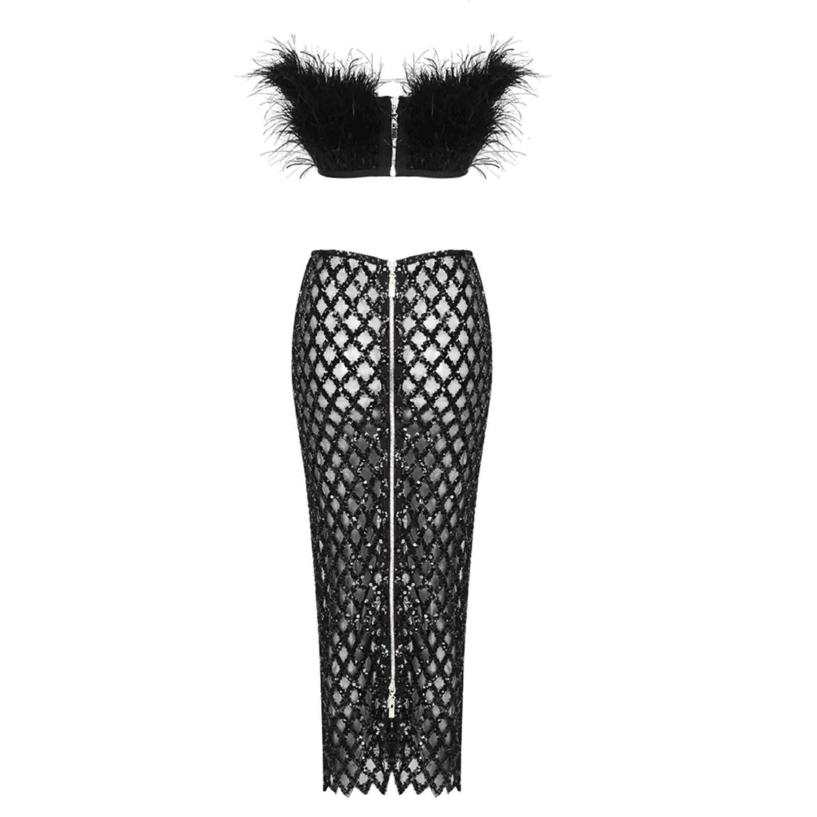 feather trim bandeau top and sequined mesh skirt set, party outfit