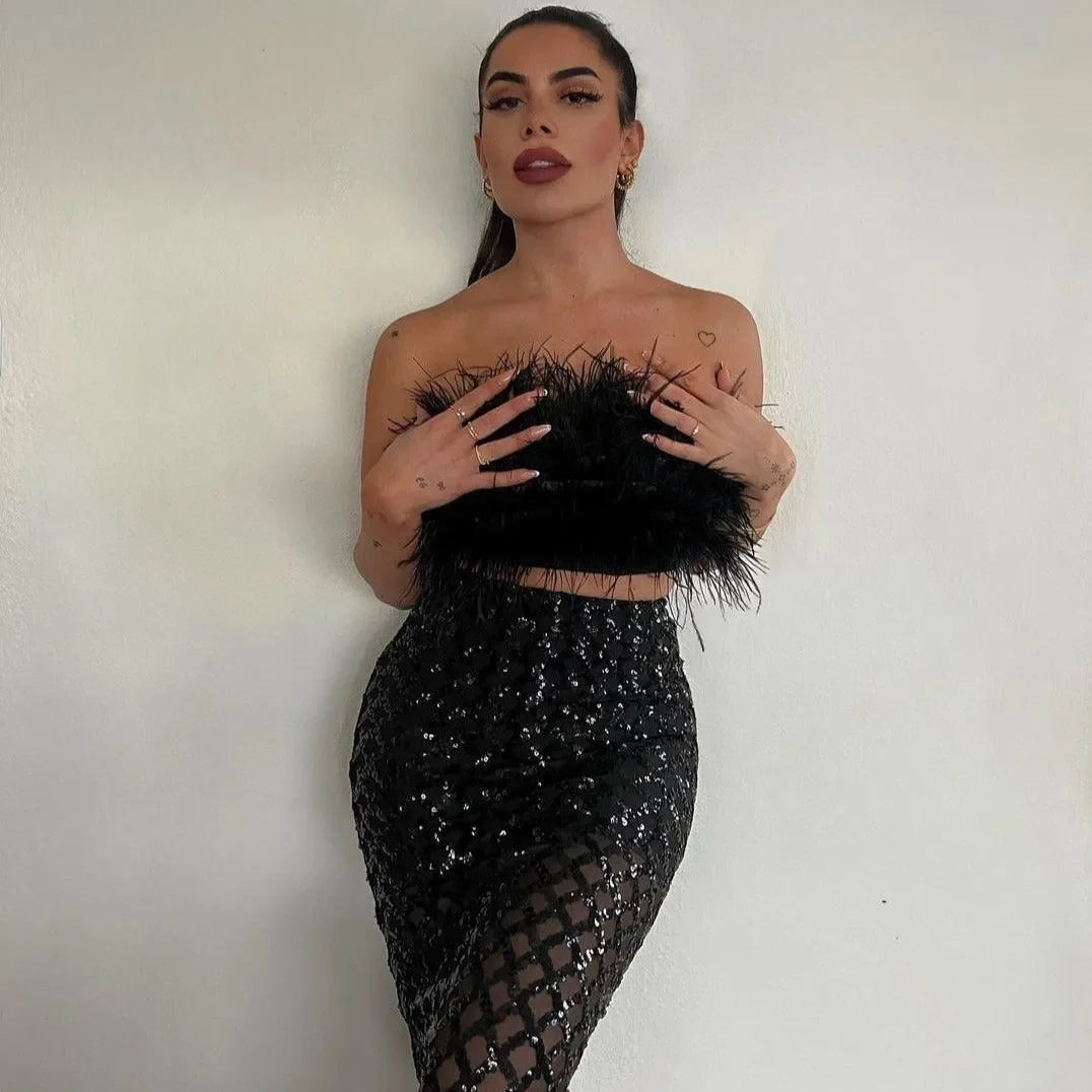 Invitation Only Feather Sequins Two Piece Set - Black / XS - Mermaid Way