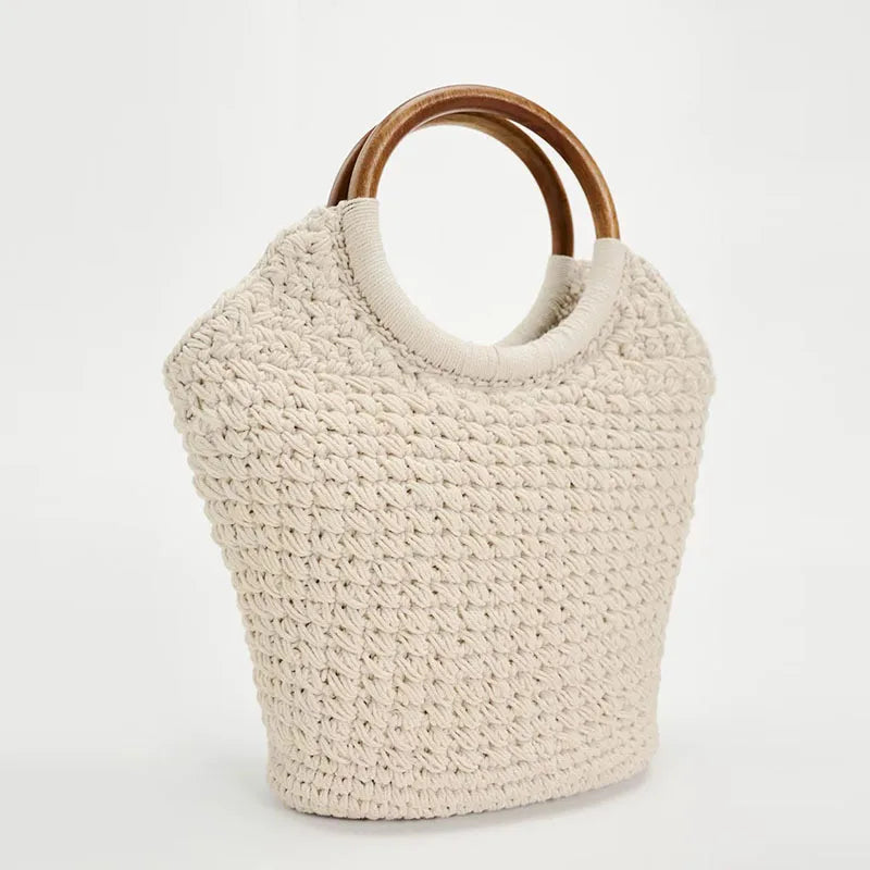 cream knit handbag with wooden handles