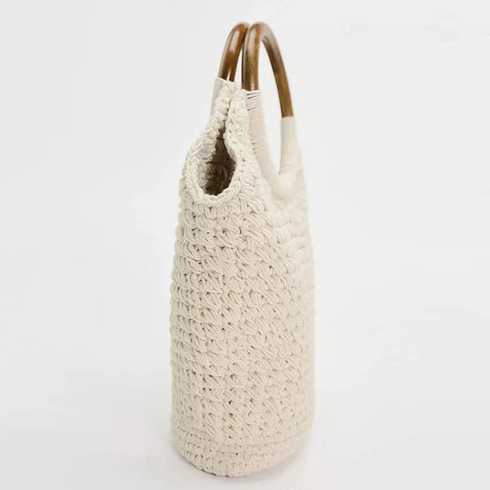 crochet tote bag with wooden handles