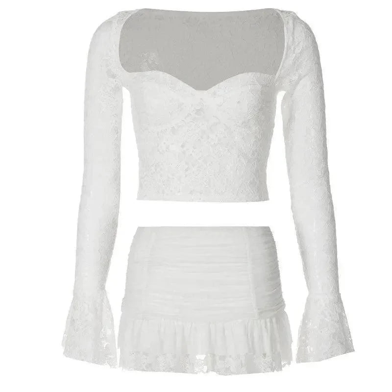 White lace long-sleeve crop top and ruched mini skirt set.