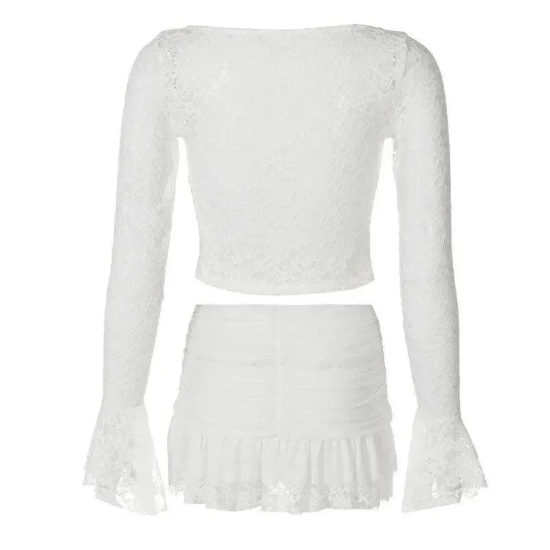 lace long-sleeve top and ruched mini skirt co-ord, party outfit