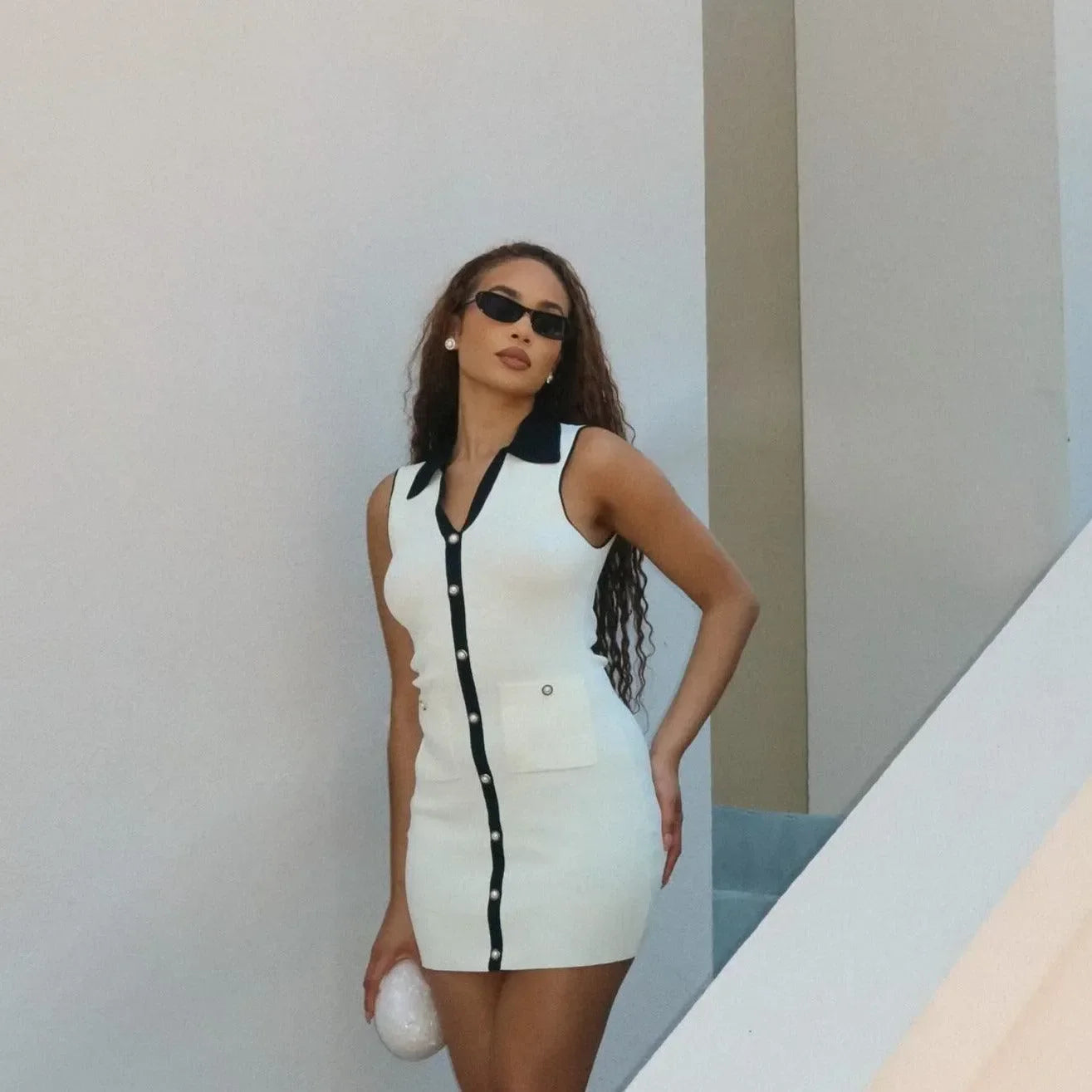 Jardin Collared Contrast Knit Mini Dress - White / S - Mermaid Way