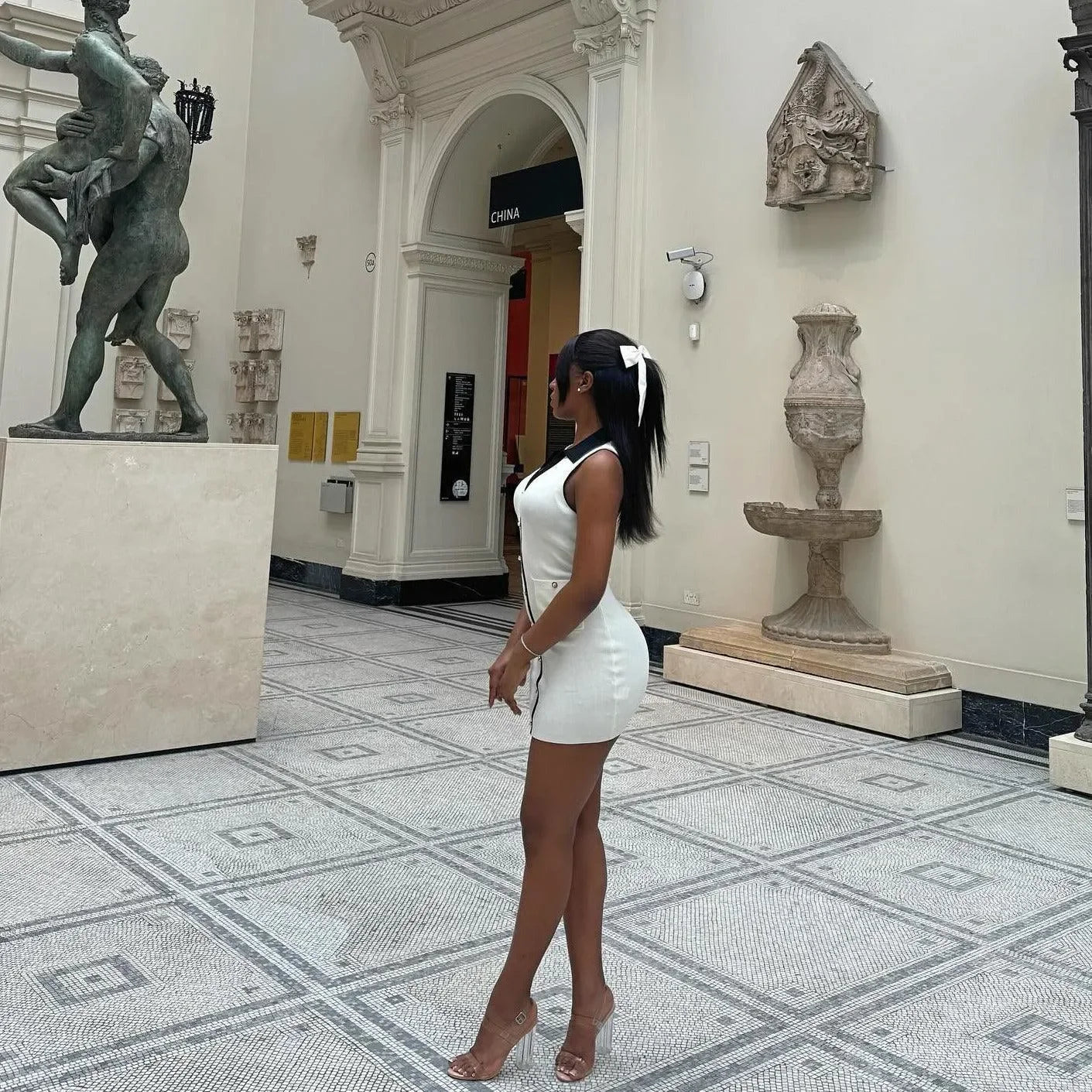 white bodycon mini dress, daytime outing style