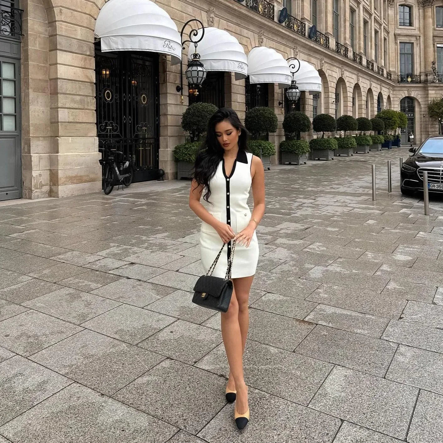 black and white button-front mini dress, evening look
