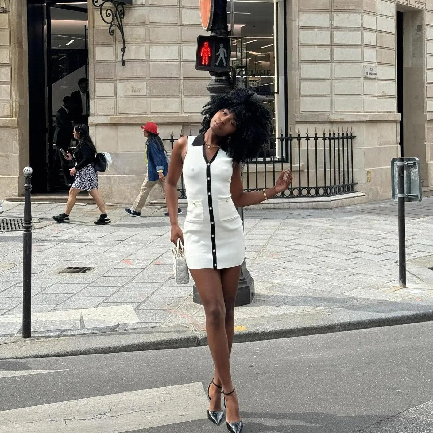 white button-front mini dress with contrasting collar, day-out look