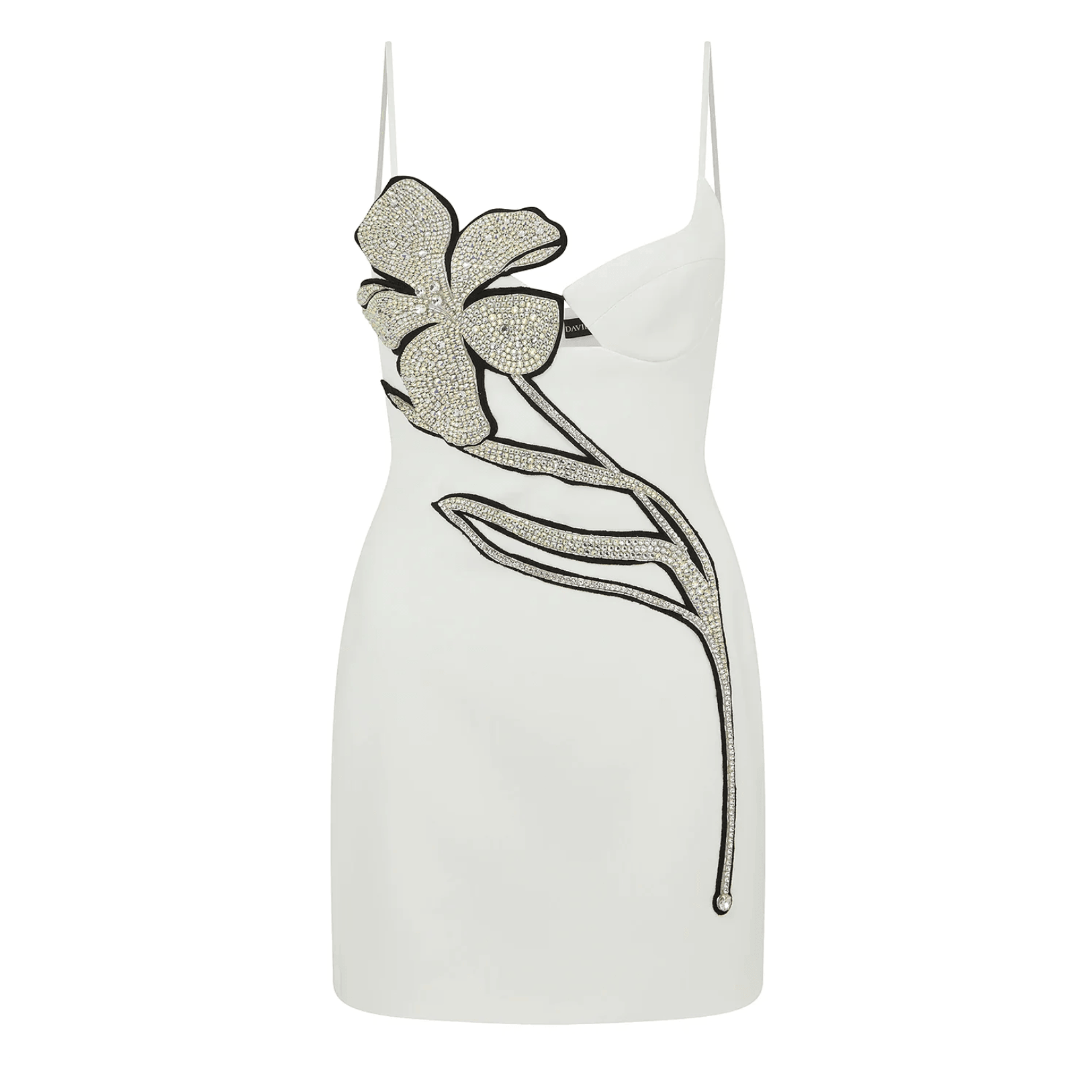 White mini dress with a floral design, embellished with diamonds, features thin straps for a chic party look.