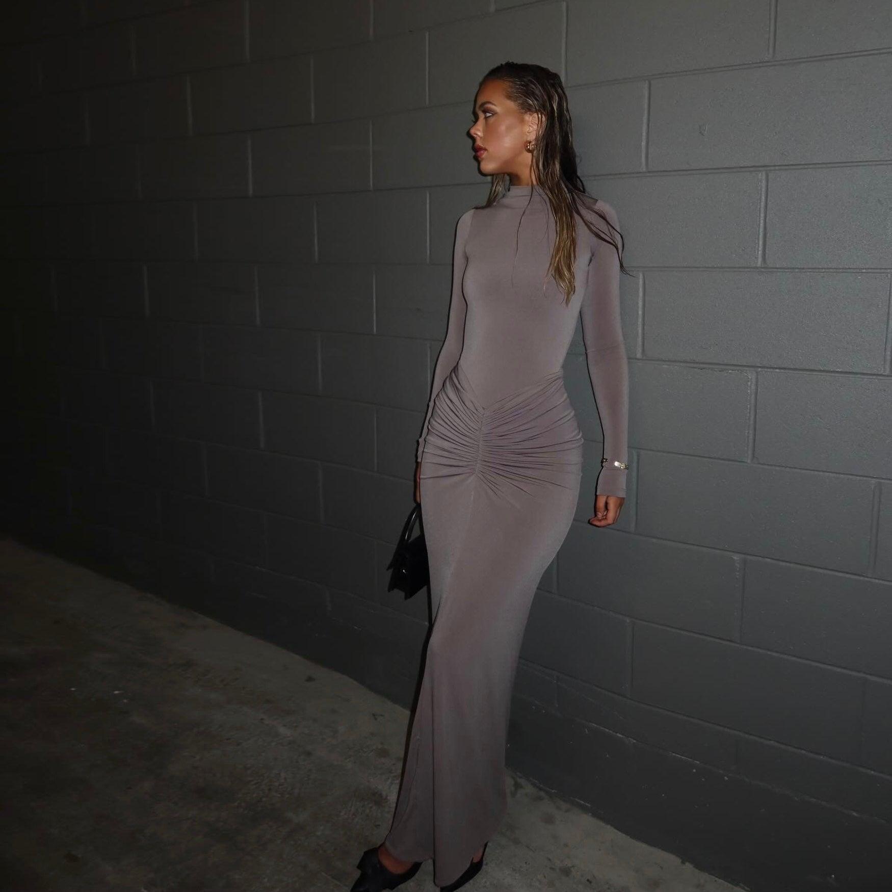 long-sleeve ruched maxi dress, evening wear