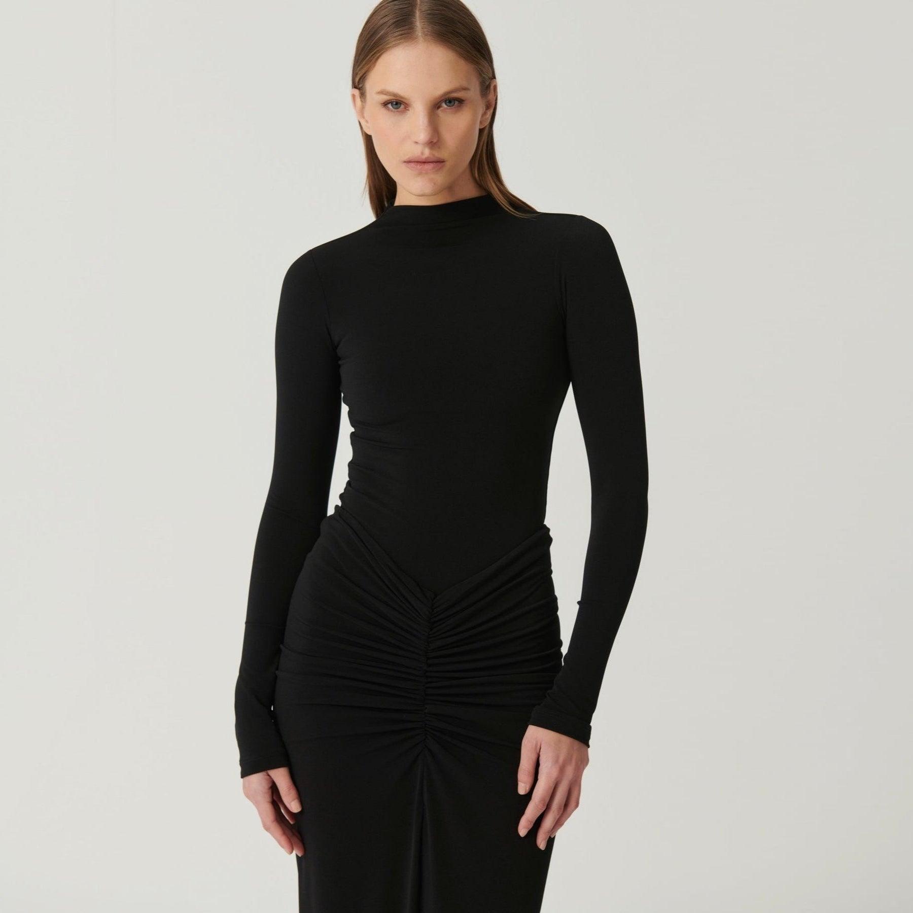 black ruched long-sleeve bodycon dress, evening wear