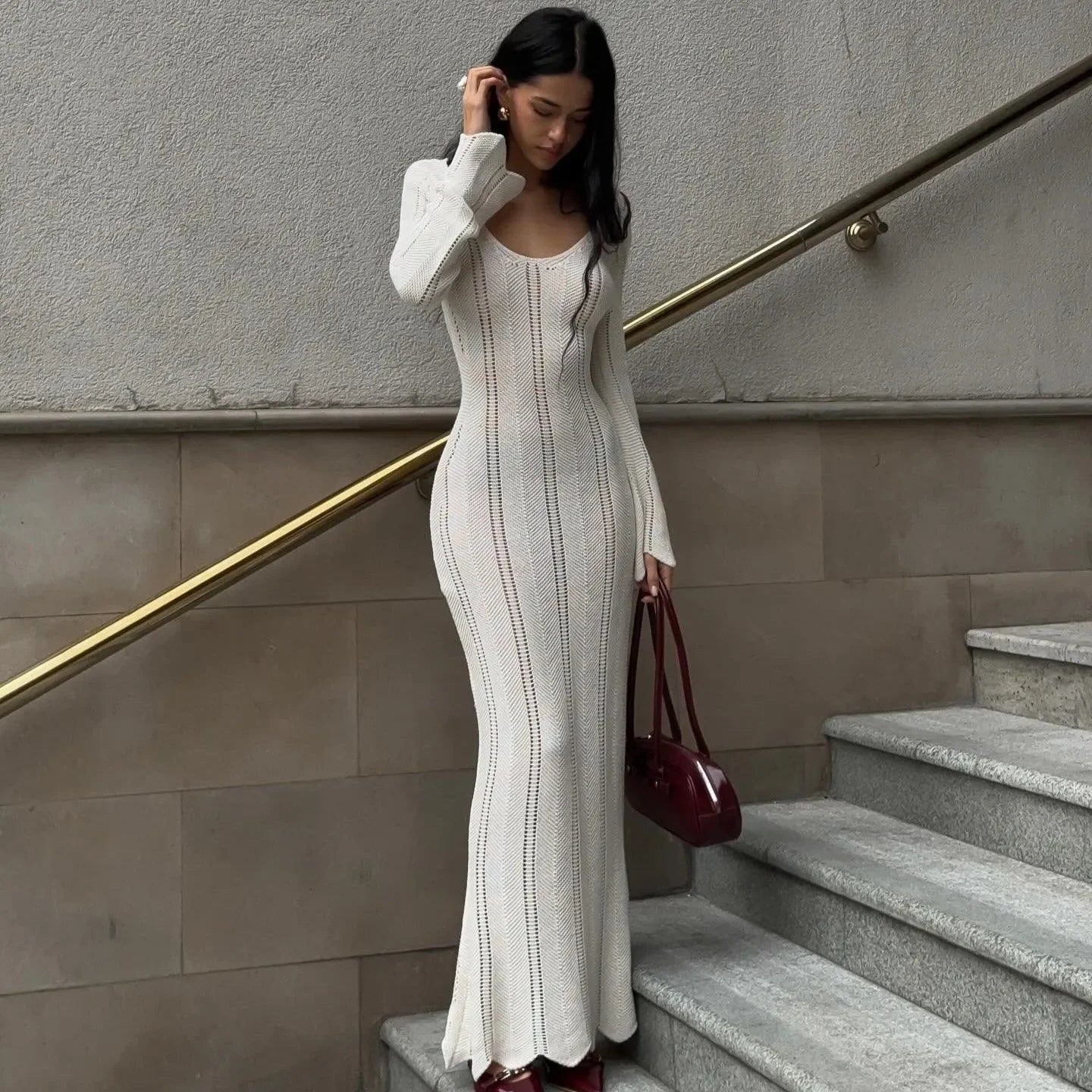Juno Knitted Long Sleeved Maxi Dress - White / S - Mermaid Way