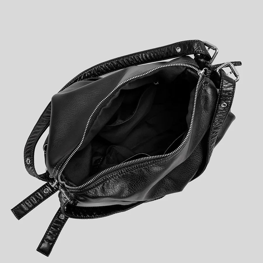 black leather crossbody bag with zipper closure