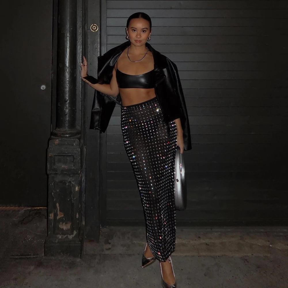 leather crop top and sequin skirt, party outfit