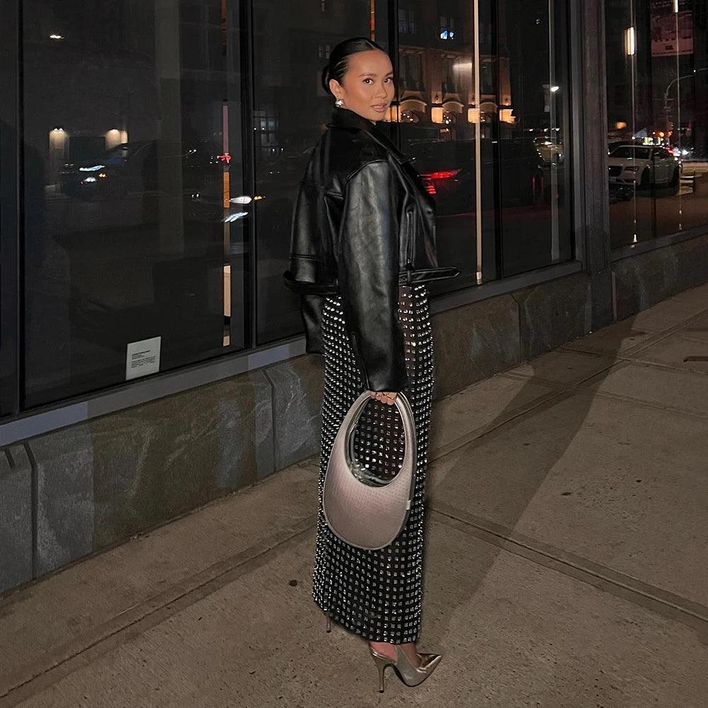 studded maxi skirt with leather jacket, evening wear