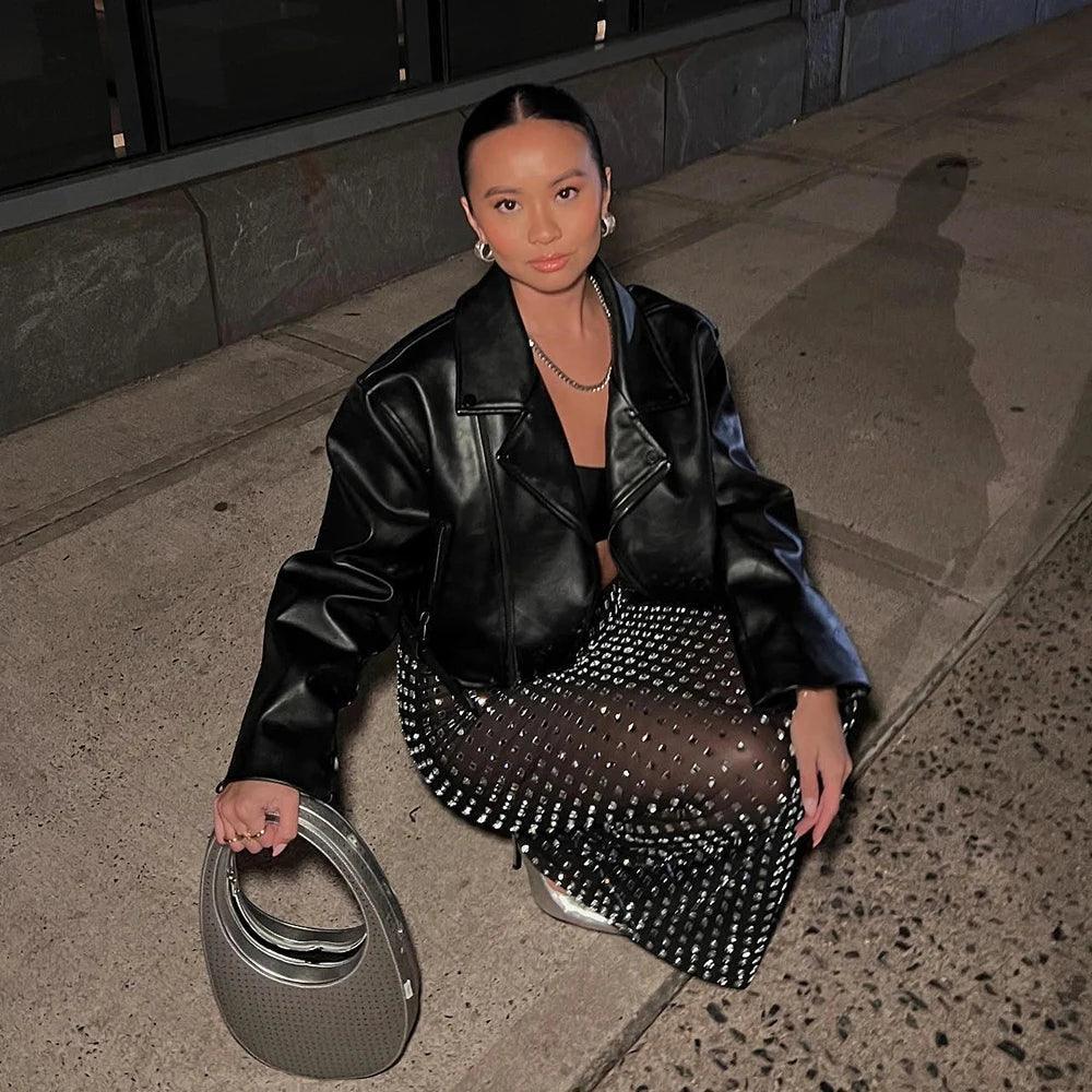 studded mesh skirt with leather jacket, night-out style