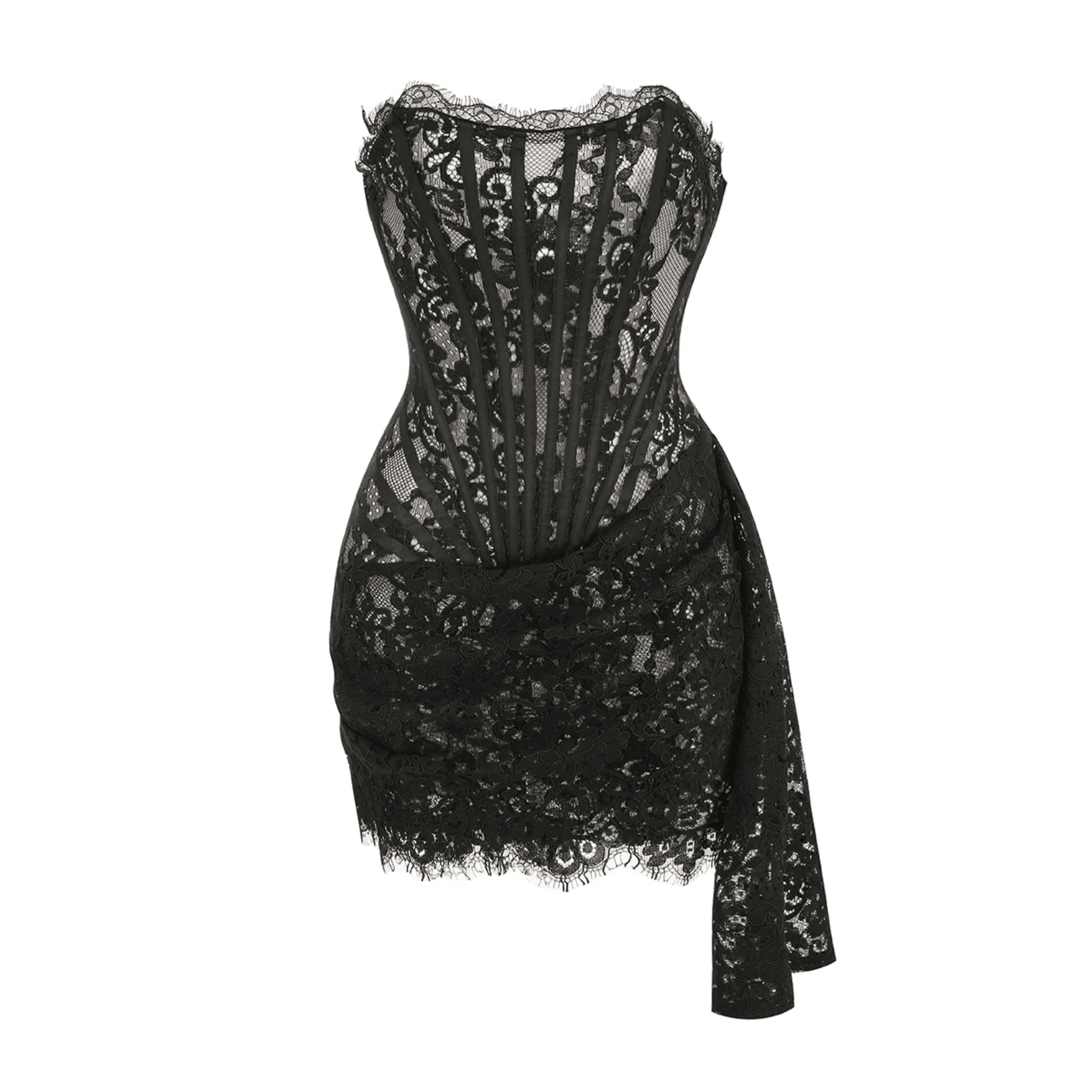 Black lace corset dress with scalloped hem, ideal for evening events.