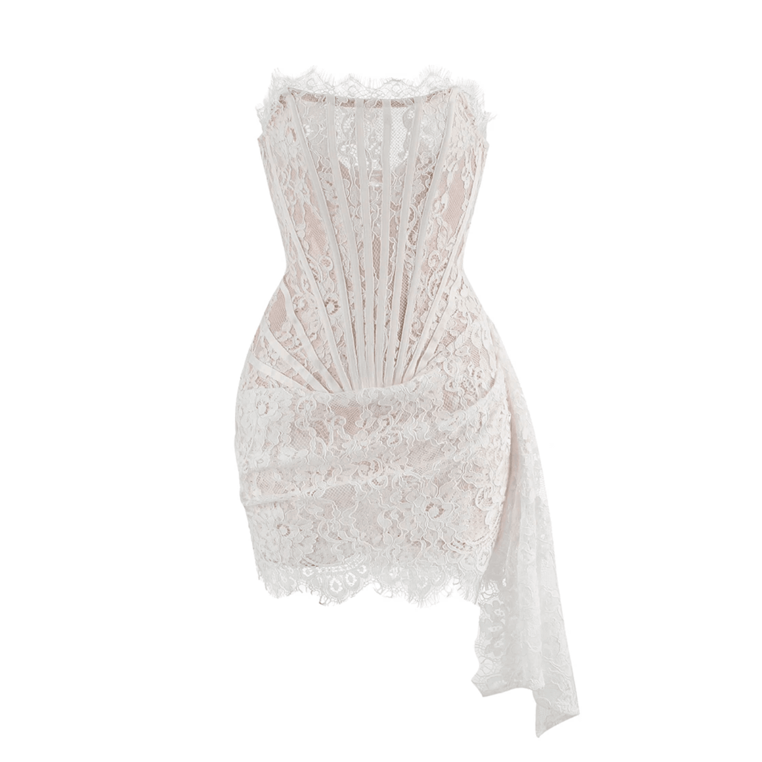 White lace mini dress with a corset fit and draped details, perfect for a chic evening look.