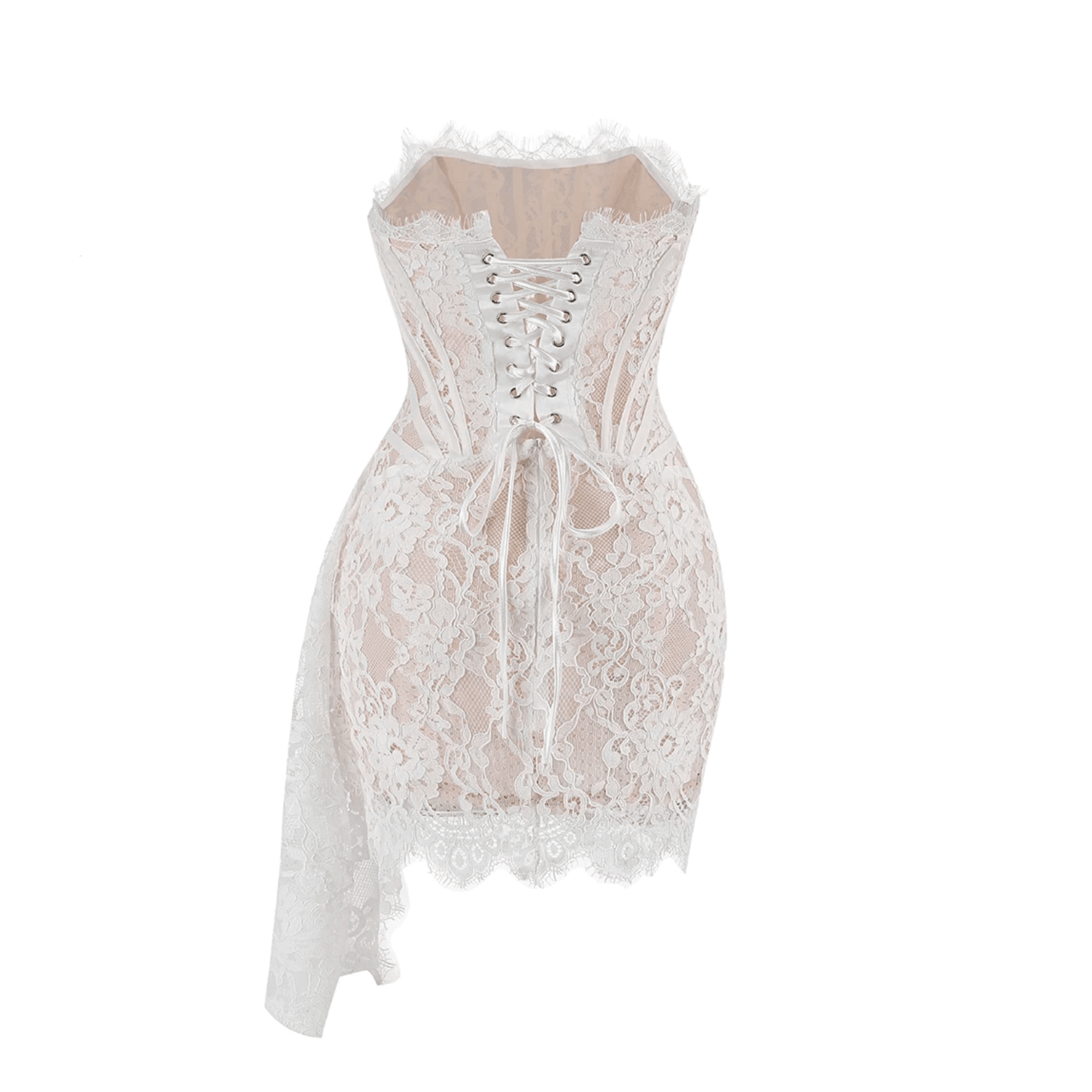 White lace mini dress featuring a corset bodice, draped detailing, and a flattering silhouette perfect for evening wear.