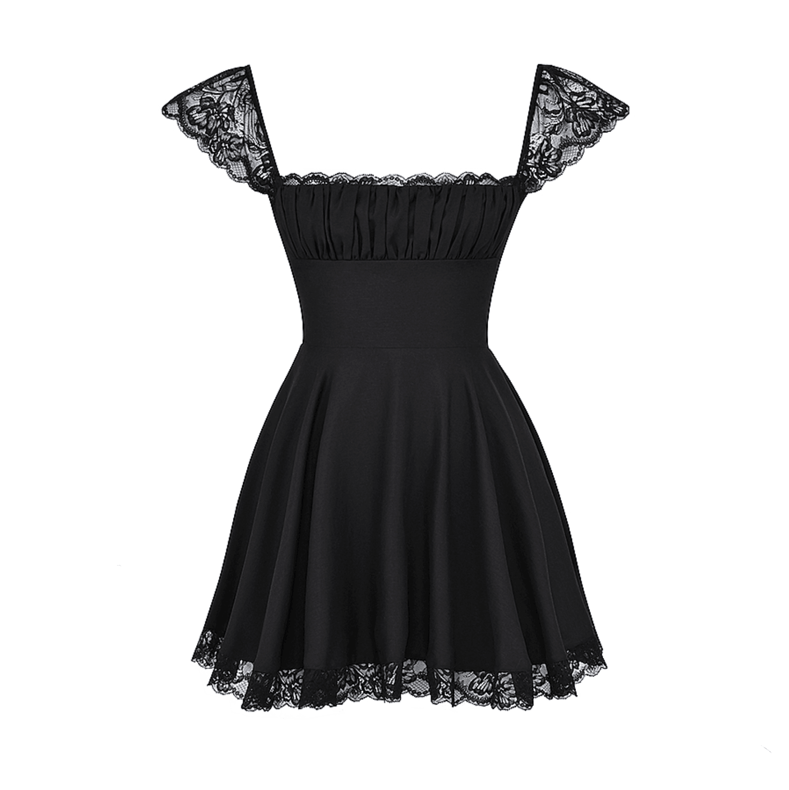 black lace-trim skater dress, evening wear