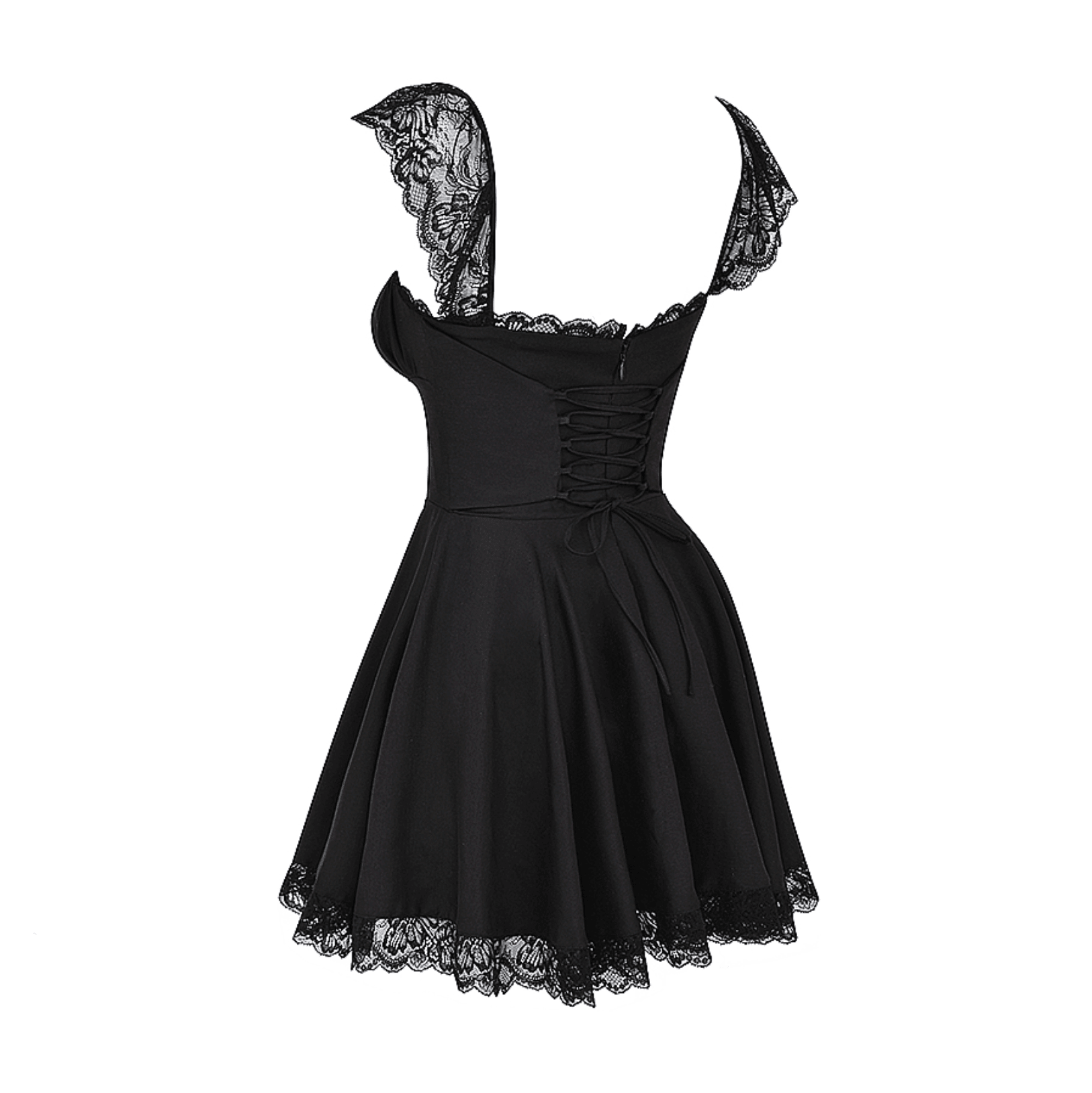 Black mini dress with lace trim, sweetheart neckline, and lace-up back; perfect for an elegant yet playful look.