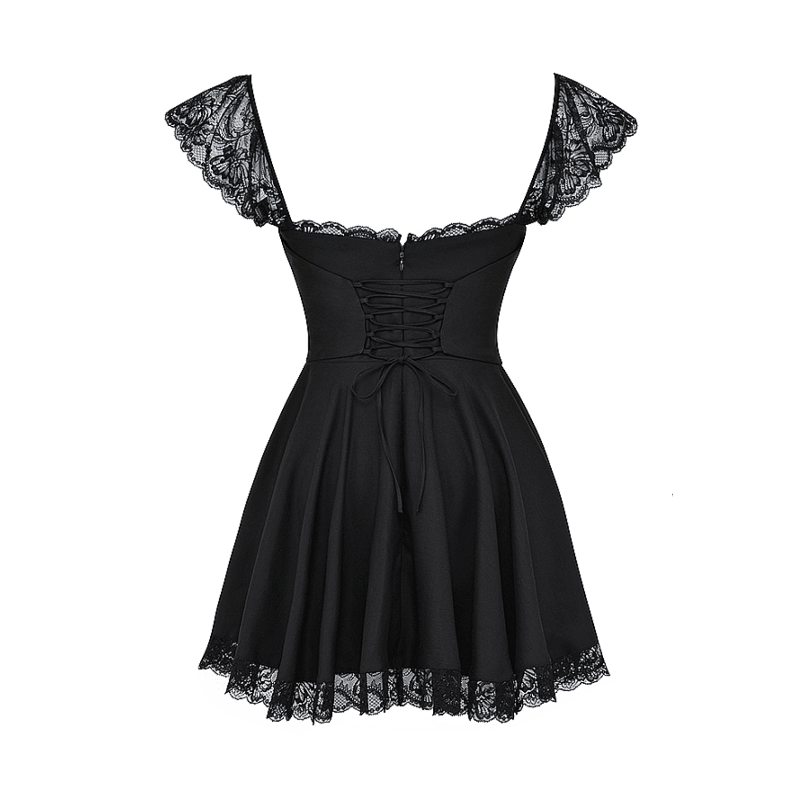 Black mini dress with lace cap sleeves and a lace-up bodice, featuring a flared skirt for a vintage-inspired look.