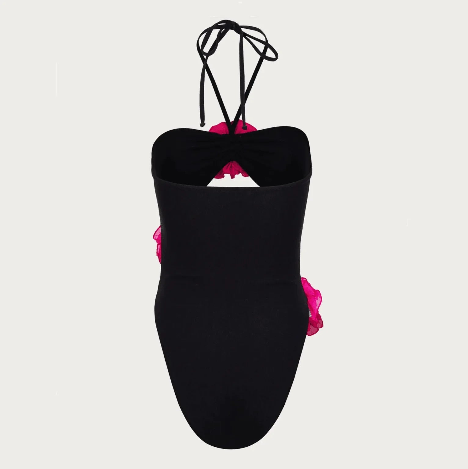 Black one-piece swimsuit with hot pink rose accents, features a back tie and a stylish cutout, perfect for beachwear.