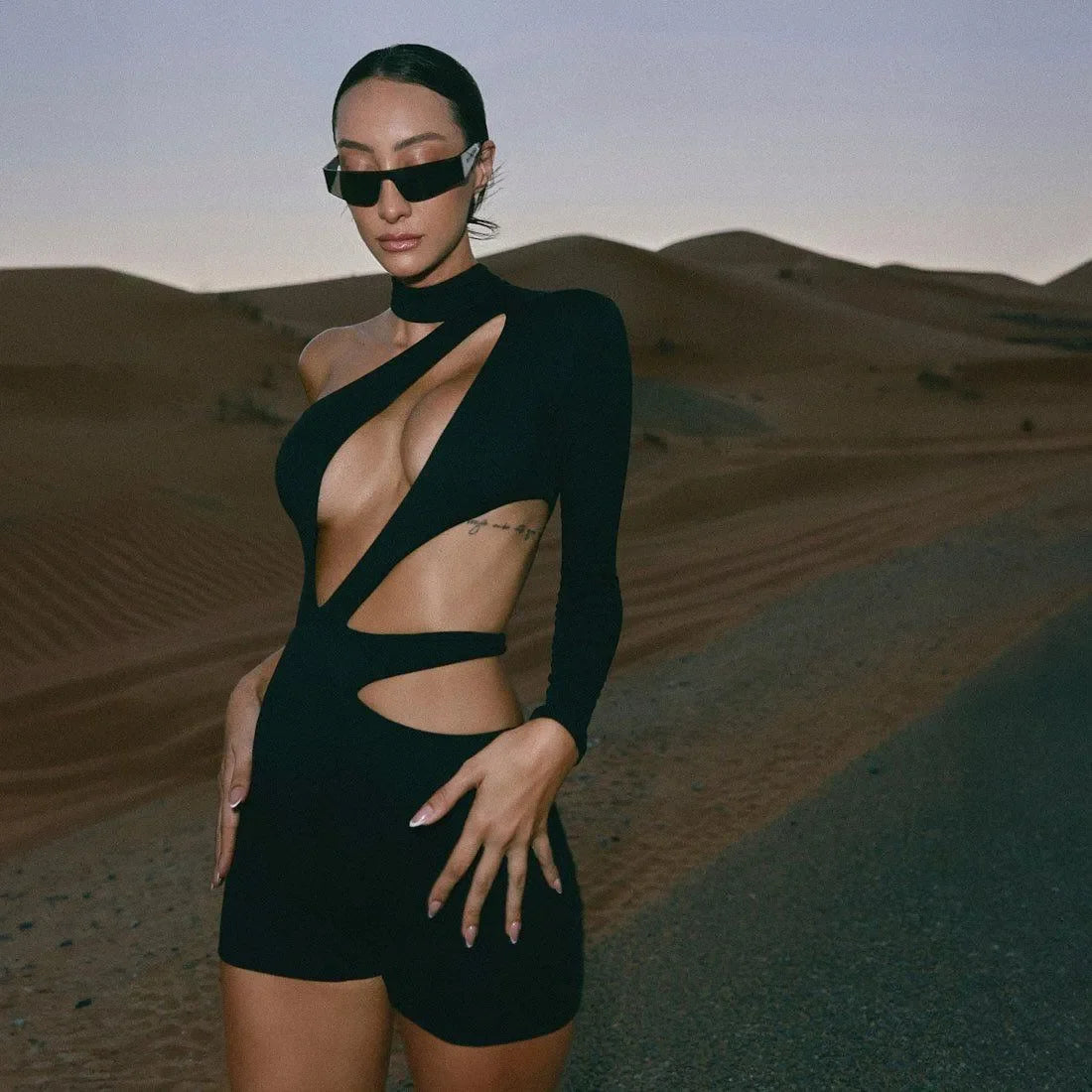 cut-out one-shoulder black bodycon jumpsuit, night-out style