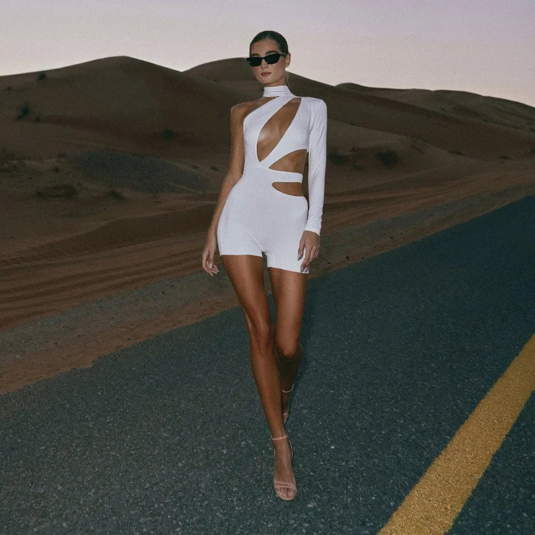 white cut-out mini dress with one-shoulder, evening look