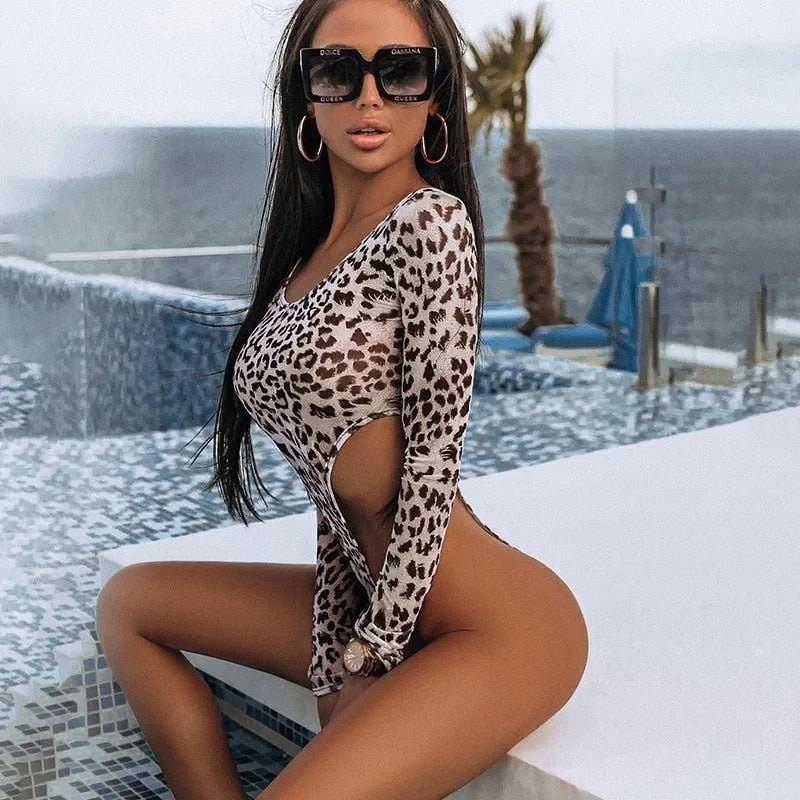leopard print long-sleeve cut-out swimsuit, poolside style