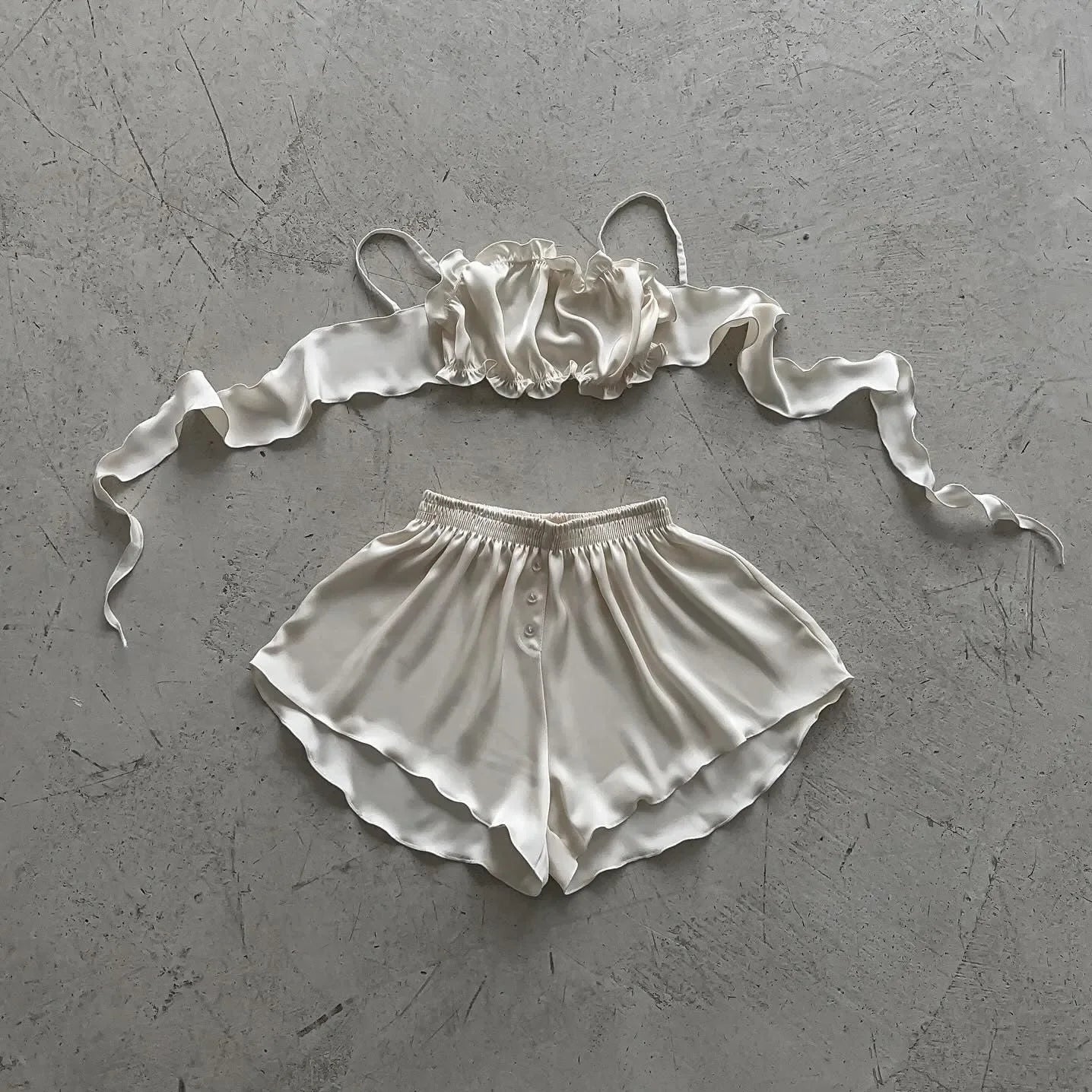 ruffled satin crop top and shorts set, night lounge wear