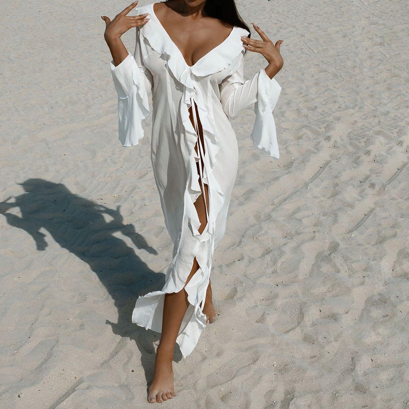 Liliana Ruffle Long Sleeve Beach Maxi Dress - White / S - Mermaid Way