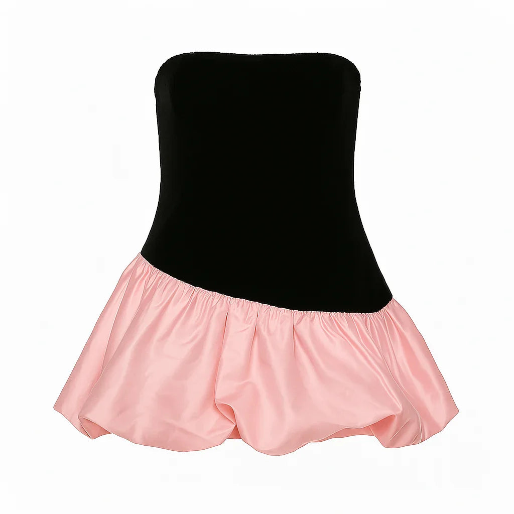 strapless mini dress with pink ruffled skirt, party outfit