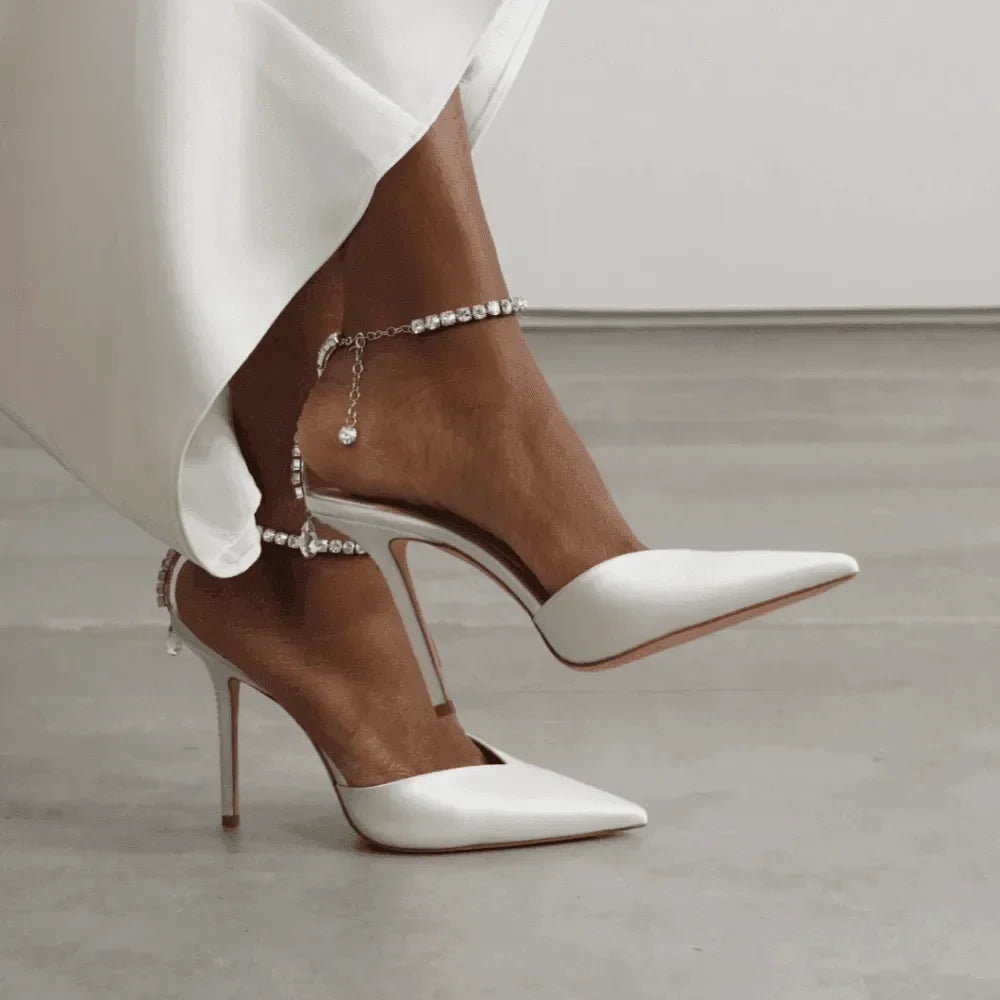 Lioness Crystal Chain Satin Heels - White / 4 - Mermaid Way